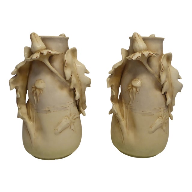 Art Nouveau Porcelain Thistles Vases attributed to Amphora / Riessner, Stellmacher, & Kessel, 1890s, Set of 2 For Sale