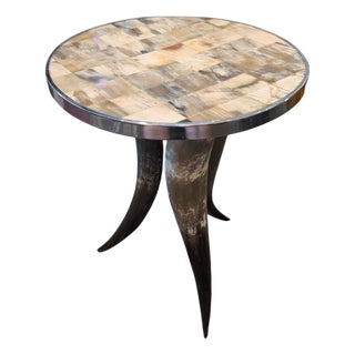 Vintage Tri Legged Horn Side End Table With Tiled Top For Sale
