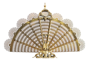 French Fan-Shaped Peacock Fireplace Screen in Brass, 1970s