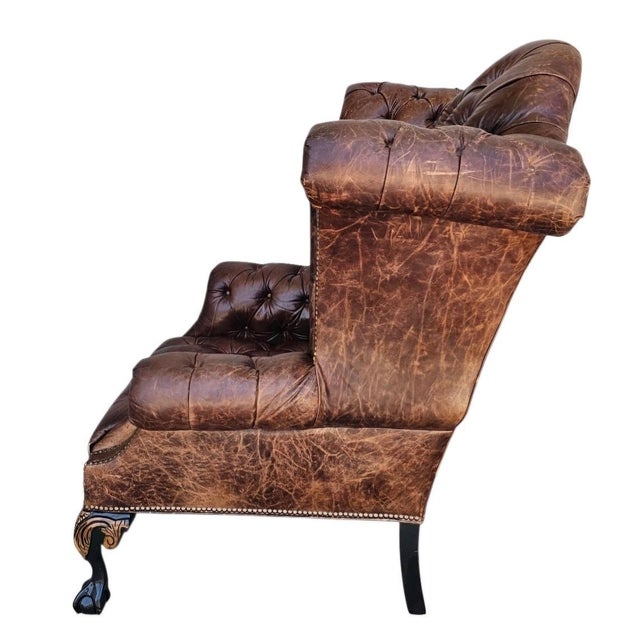 Attributed to Old Hickory Tannery Style Leather Wingback Tufted Chair For Sale - Image 15 of 18