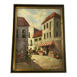 1980s “The Fruit Peddler”Acrylic Painting on Board by Alison Waters, Framed