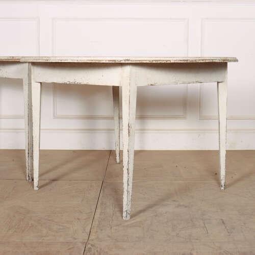 Pair of early 19th century Swedish pine demi-lune console tables with later distressed paint. 1820. Internal reference: C...