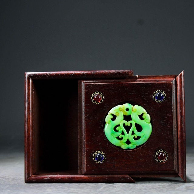 Wood Vintage Chinese Rosewood Jewelry Box With Jade & Gemstone Inlay – Chinoiserie Decor For Sale - Image 7 of 9