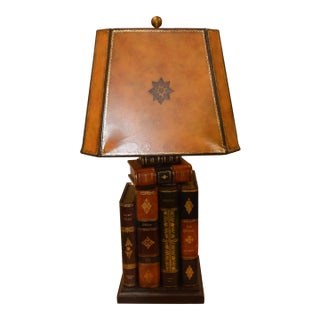 1980s Maitland - Smith Stack of Books Table Lamp With Tan Leather Embossed Shade For Sale