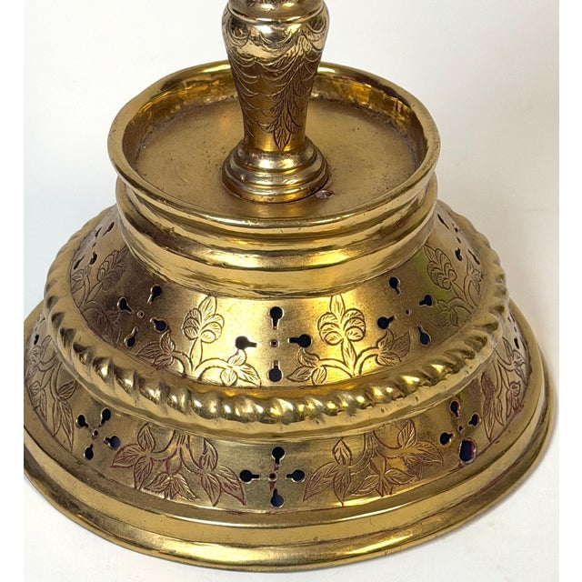 Large Dutch Baroque Engraved & Pierced Brass Chamber Candlestick Ventilated Base For Sale - Image 11 of 18