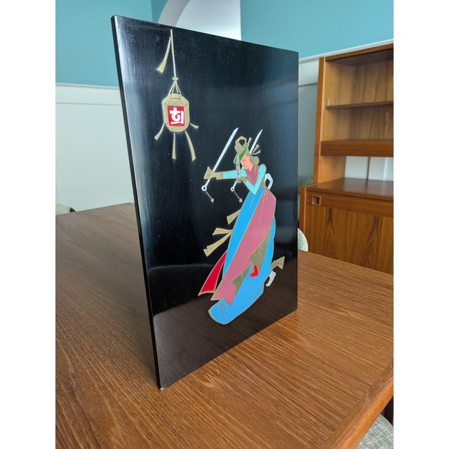Vintage Korean Mother-of-Pearl Lacquer Plaque "Sword Dance" by Minye Art — 1970s For Sale - Image 9 of 10
