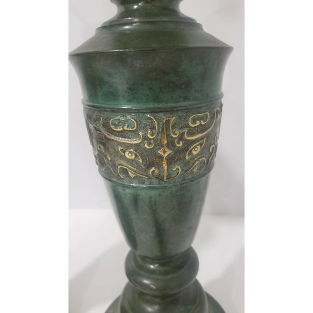 Brass 1950s Regency Japanese Verdigris Brass Marbro Style Table Lamps - a Pair For Sale - Image 8 of 12