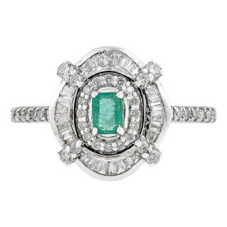 Art Deco Emerald & Baguette Diamonds Target Halo Ring in 14k White Gold Size 4 For Sale