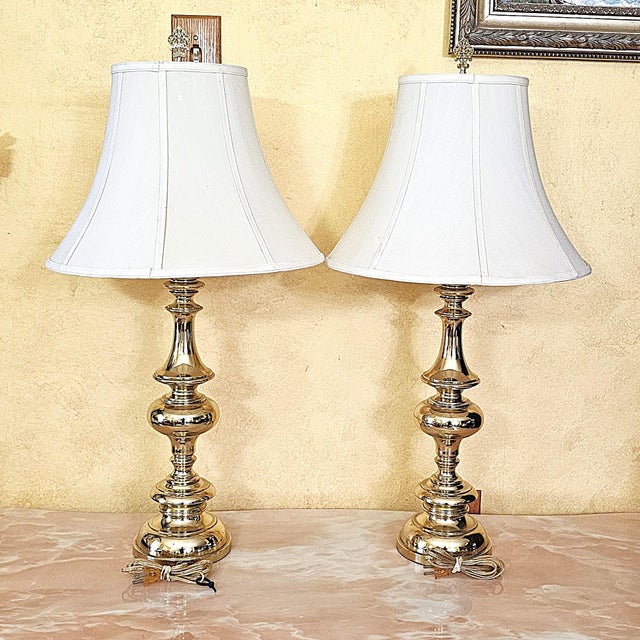 Pair of Tall Brass Table Lamps With Ivory Bell Shades – Hollywood Regency Style For Sale In Washington DC - Image 6 of 18