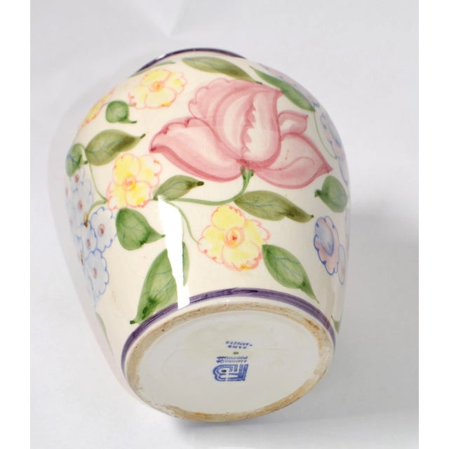 Ceramic Vintage 1960s Mediterranean Hand Painted Glazed Flower Vase Rose Motif For Sale - Image 7 of 12