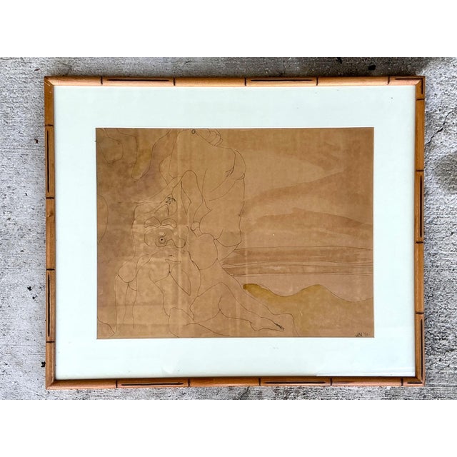 Exuding mid-century modern sophistication, this original framed abstract line drawing captures fluid, intertwined...