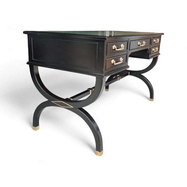 Ebony Vintage Hollywood Regency Style Ebonized Desk With Green Leather Top and Brass Details For Sale - Image 8 of 15