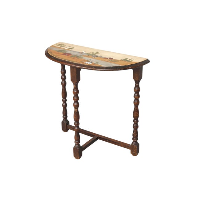 A demilune William and Mary style side table with a folk art top. Hand painted in the New England 'Rufus Porter' style,...