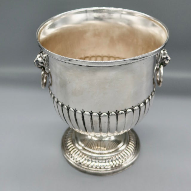 Silver Antique English Silver Plate Champagne Bucket | Lion Mask Ring Handles | Hand Chased | Regency Style | Made in England For Sale - Image 8 of 13