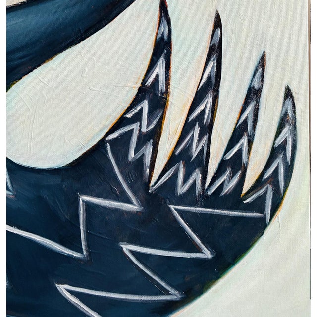Tatiana Duperault Black Swan Original Oil Painting, Mid-Century Style, Teak Wood Frame For Sale - Image 4 of 6