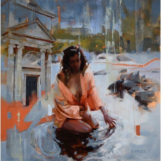 Reflections by Ryan Morse | Oil on panel of a woman interacting with water in an urban setting. For Sale