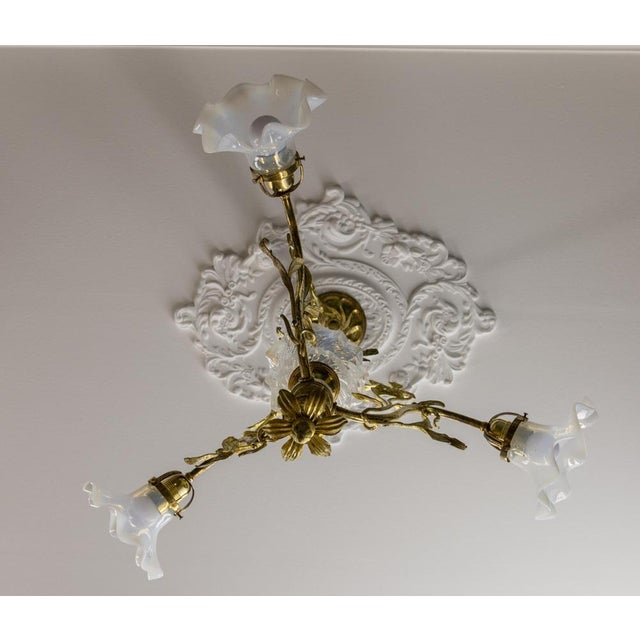 French Art Nouveau Opalescent Glass & Bronze Floral Chandelier, 1920 For Sale - Image 6 of 18