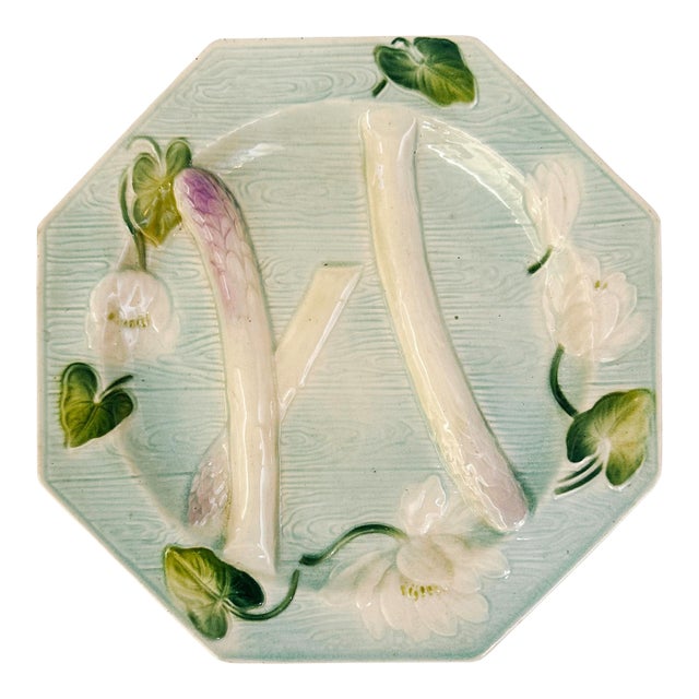 French Art Nouveau Water Lily Asparagus Majolica Plate, Circa 1890 For Sale