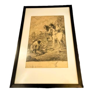 Antique Etching by French Artist Louis Monziès After Eugene Fromentin - Orientalist Falconry Equestrian For Sale