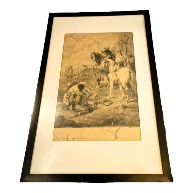 Antique Etching by French Artist Louis Monziès After Eugene Fromentin - Orientalist Falconry Equestrian For Sale