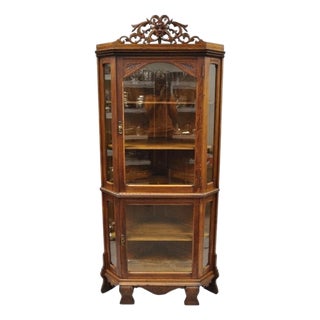 Antique Victorian Renaissance Oak Glass Door Carved Curio Corner China Cabinet For Sale
