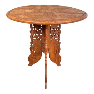 1970s Vintage Indian Walnut Carved Round Inlay Small Folding Table For Sale