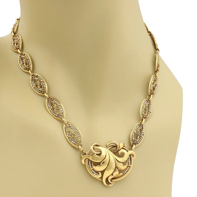 Seed Pearls Floral 18k Yellow Gold Fancy Link Pendant Necklace For Sale - Image 4 of 6