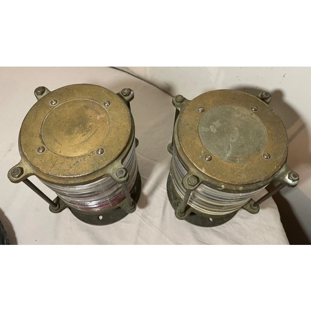 Nautical Antique Oceanic Solid Brass Glass Nautical Navigational Ship Deck Lamps - a Pair For Sale - Image 3 of 12