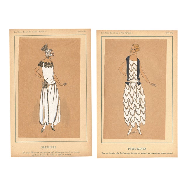1922-1923 Set of 2-French Art Deco Couture Fashion Pochoirs For Sale