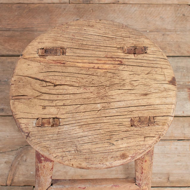 Antique Rustic Round Top Stool For Sale - Image 4 of 8
