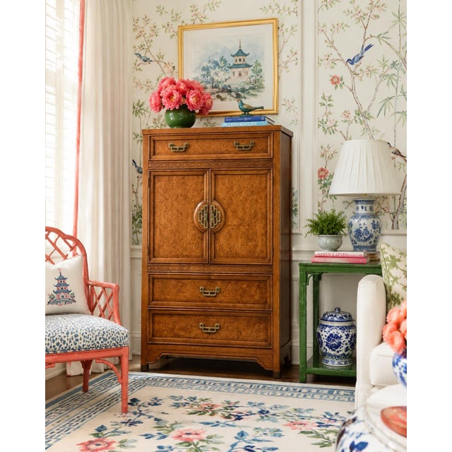 Mid-Century Modern Vintage Burl Wood Chinoiserie Armoire by Henry Link From the Mandarin Collection For Sale - Image 3 of 9