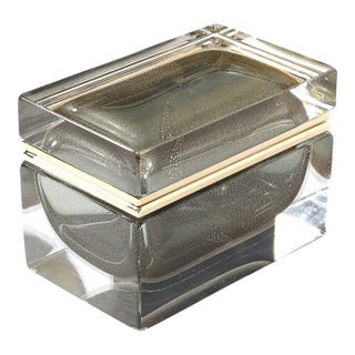 Modernist Hand-Blown Murano Glass Box in Muted Green W/ 24 Karat Gold & Brass For Sale