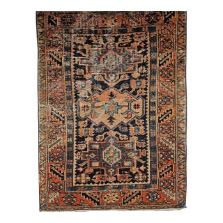 Vintage Persian Heriz Karajah Rug, Hand-Knotted Wool, Geometric Pattern, Blue & Rust-Red, 3x4 For Sale