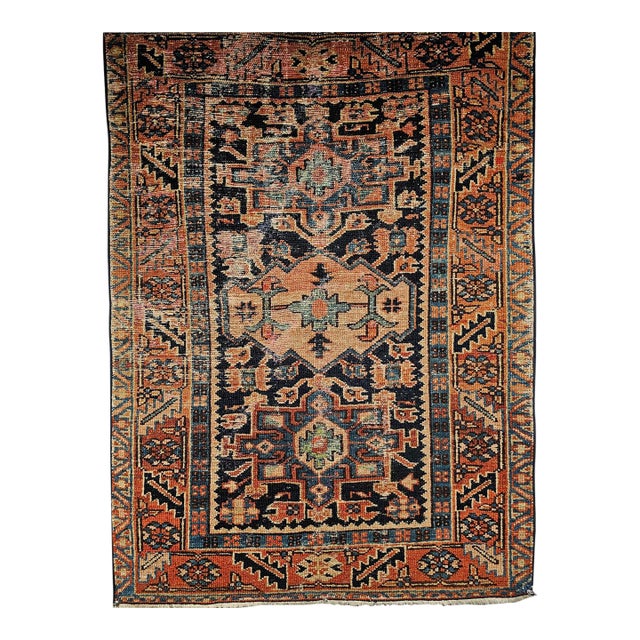 Vintage Persian Heriz Karajah Rug, Hand-Knotted Wool, Geometric Pattern, Blue & Rust-Red, 3x4 For Sale