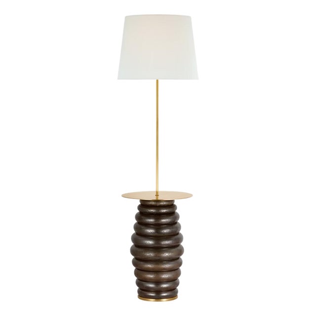 Kelly Wearstler by Visual Comfort Signature Phoebe Extra Large Tray Table Floor Lamp in Crystal Bronze with Linen Shade For Sale