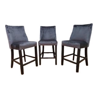 Restoration Hardware Barrel Back Stools Newly Upholstered in Charcoal Silk Velvet - Set of 3 For Sale