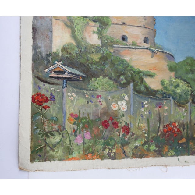 Vintage circa 1950's oil on linen painting of Maschikuli Tower Wurzburg Germany. By Geneva Flores Hart Fell (1906-2008)...