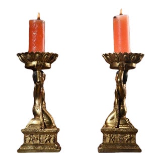 Pair of Vintage Gilt Bronze Kneeling Figure Candle Holders - Asian Altar Candlesticks For Sale
