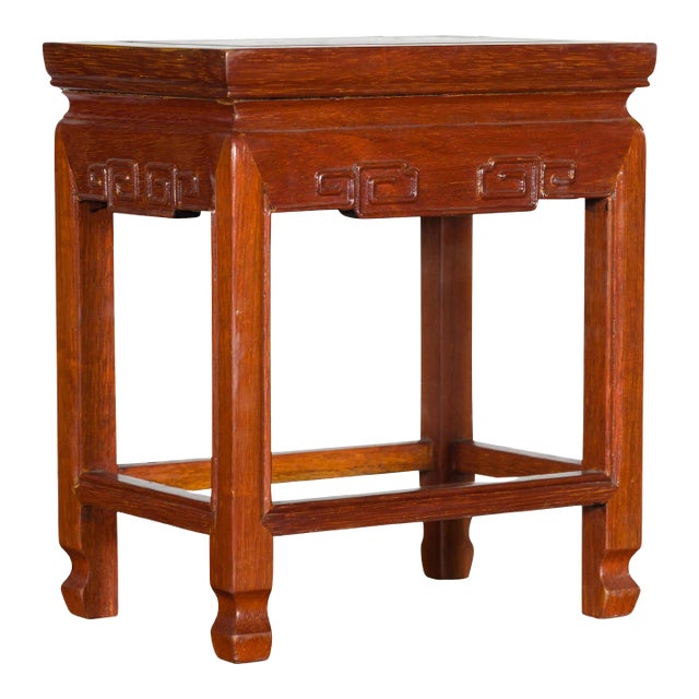 Chinese Vintage Small Stool with Scroll-Carved Apron and Side Stretchers For Sale