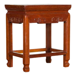 Chinese Vintage Small Stool with Scroll-Carved Apron and Side Stretchers
