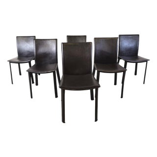 Brown Leather Dining Chairs, 1980s, Set of 6 For Sale