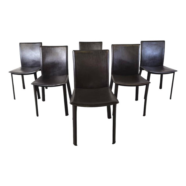 Brown Leather Dining Chairs, 1980s, Set of 6 For Sale