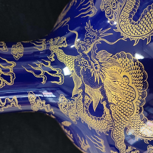 Chinese Ceramic Vase,Kangxi Marked Blue Ground Gold Drawing Porcelain Tianqiu Vase Hand Painted Dragon Pattern For Sale - Image 9 of 13