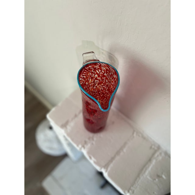 Abstract Vintage Hand-Blown Red Spatter Glass Pitcher Turquoise Rim c.1960s-1980s For Sale - Image 3 of 10
