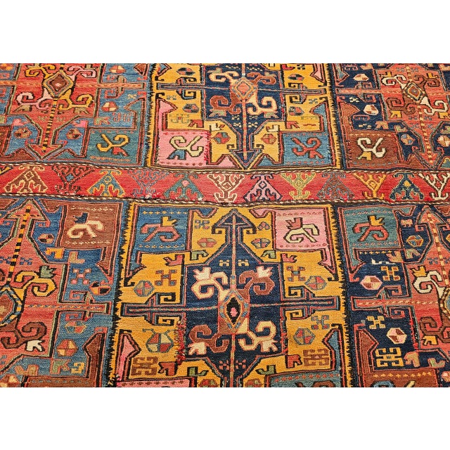 19th Century Caucasian Soumak Rug, Hand-Knotted Wool,Tapestry Tribal Wall Art, 4' x 5' For Sale - Image 12 of 18