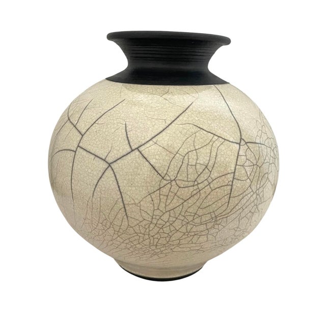 This vintage studio pottery Raku vase features a crackle glaze in black and white, with abstract patterns and a Mid-...