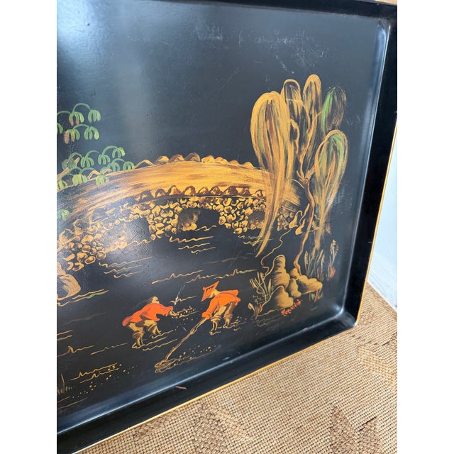 Mid-Century Modern Large Vintage Chinoiserie Hand-Painted Metal Tray For Sale - Image 3 of 7