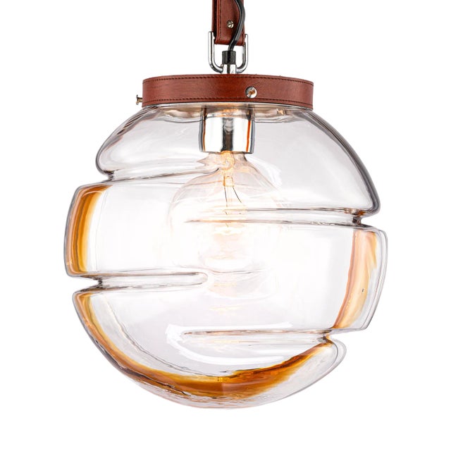 Italian Globe Pendant Lamp in Murano Glass and Leather by Ludovico Diaz De Sentillana for Targetti, 1960s For Sale
