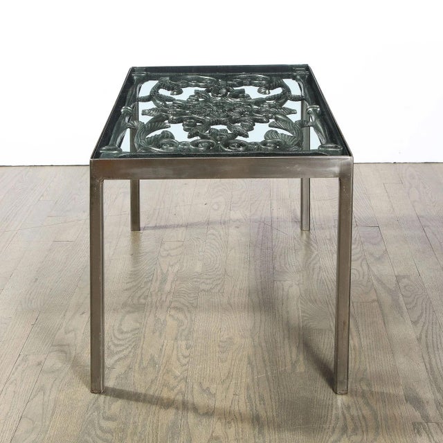 Metal Art Deco Antique Burnished Cast-Iron Gate Cocktail Table With Floral Detailing For Sale - Image 7 of 9