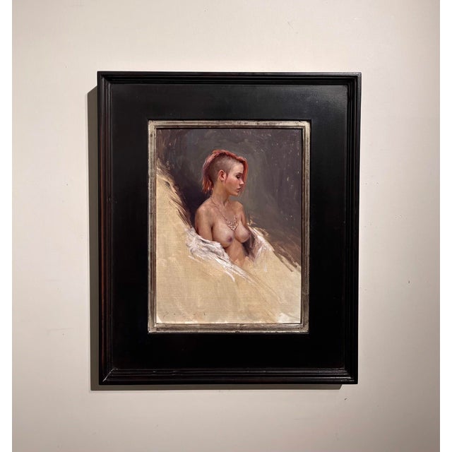 This oil painting captures a side profile of a figure with a strikingly modern hairstyle, showcasing a blend of softness...